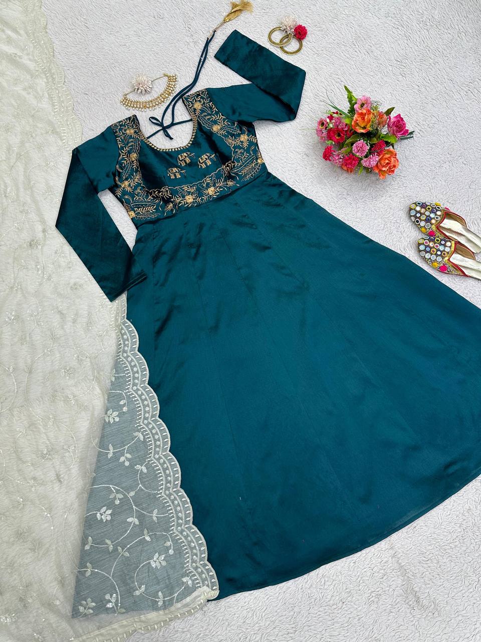 Beautiful Designer Teal Green Suit With Heavy Fhantom Silk Febric