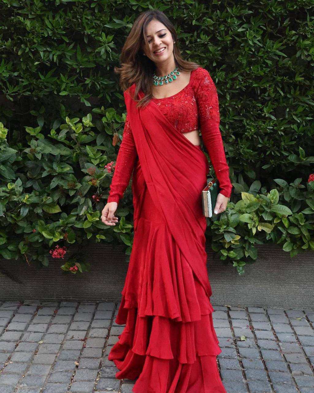 Designer Ready To Wear Red Lehenga Saree With Chinon Silk Fabric