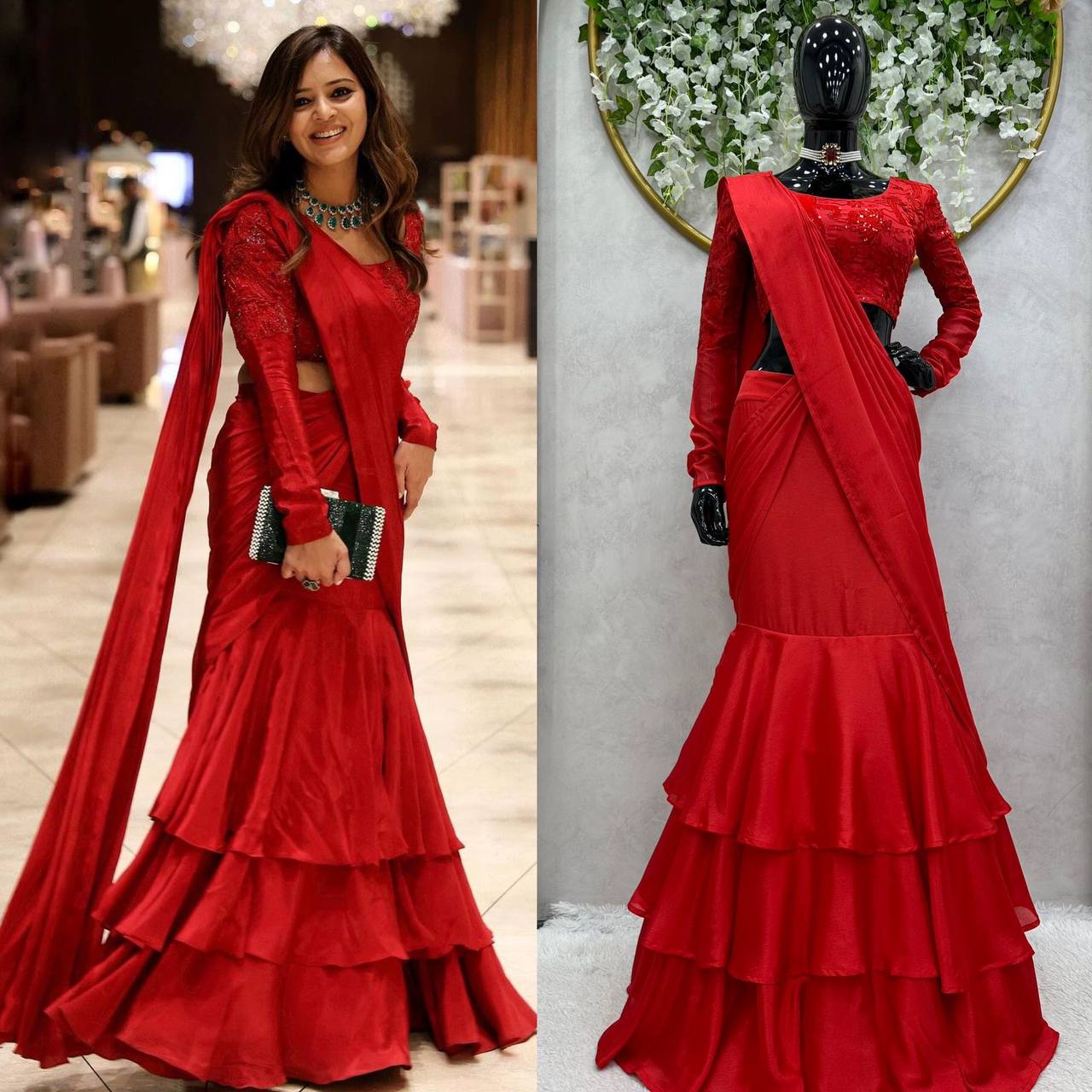 Designer Ready To Wear Red Lehenga Saree With Chinon Silk Fabric