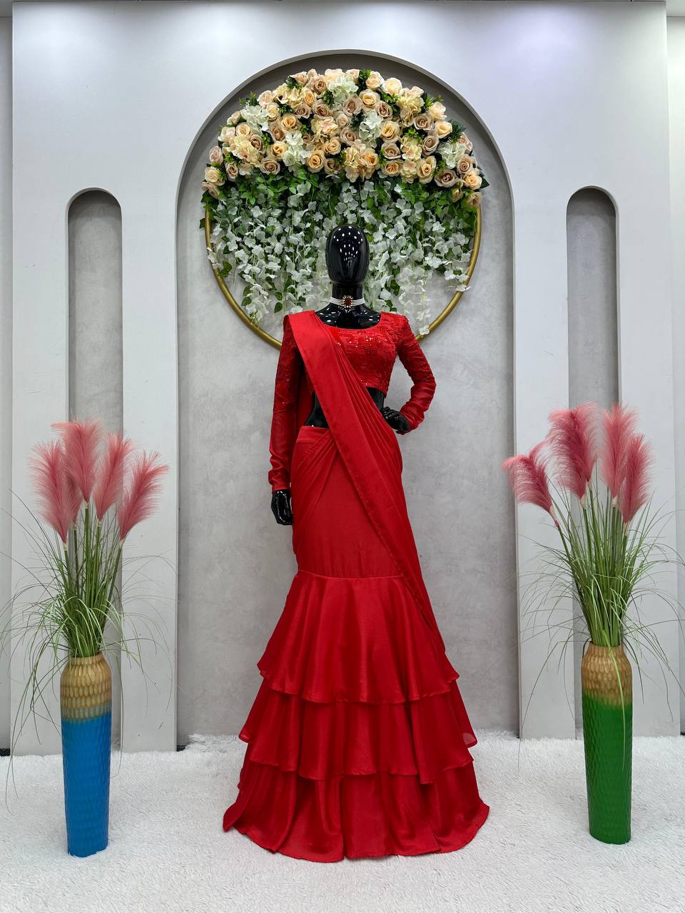 Designer Ready To Wear Red Lehenga Saree With Chinon Silk Fabric