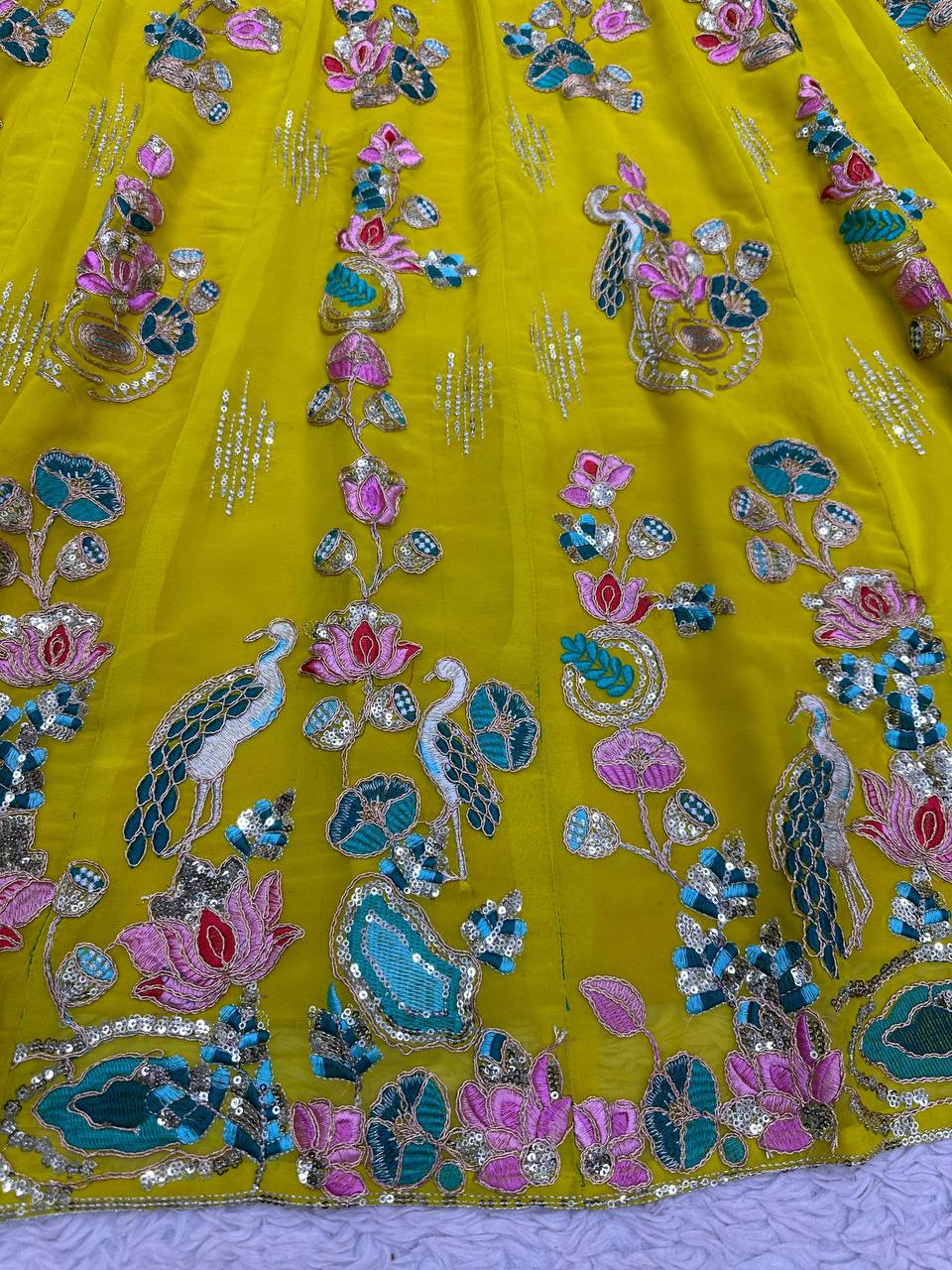 Designer Yellow Colour Georgette Fabric With Long Flair And Thread & Sequences Work Lehenga Choli