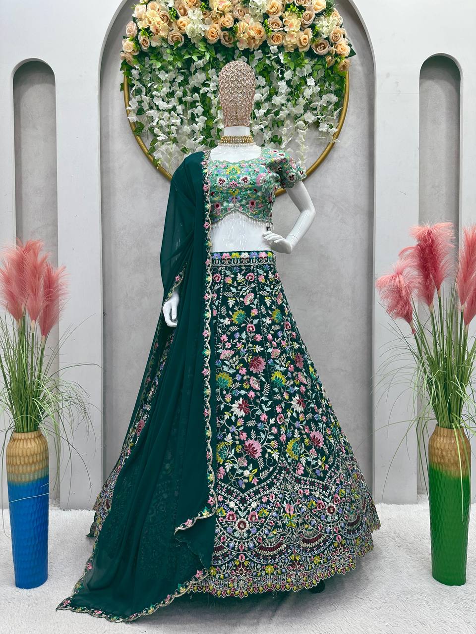 Designer Green Color Georgette Thread With Sequence Work Lehanga Cholii