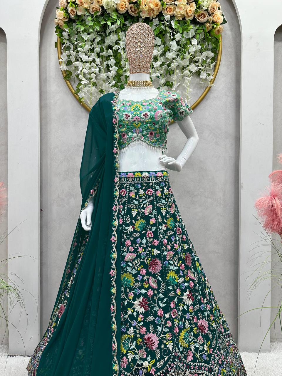 Designer Green Color Georgette Thread With Sequence Work Lehanga Cholii
