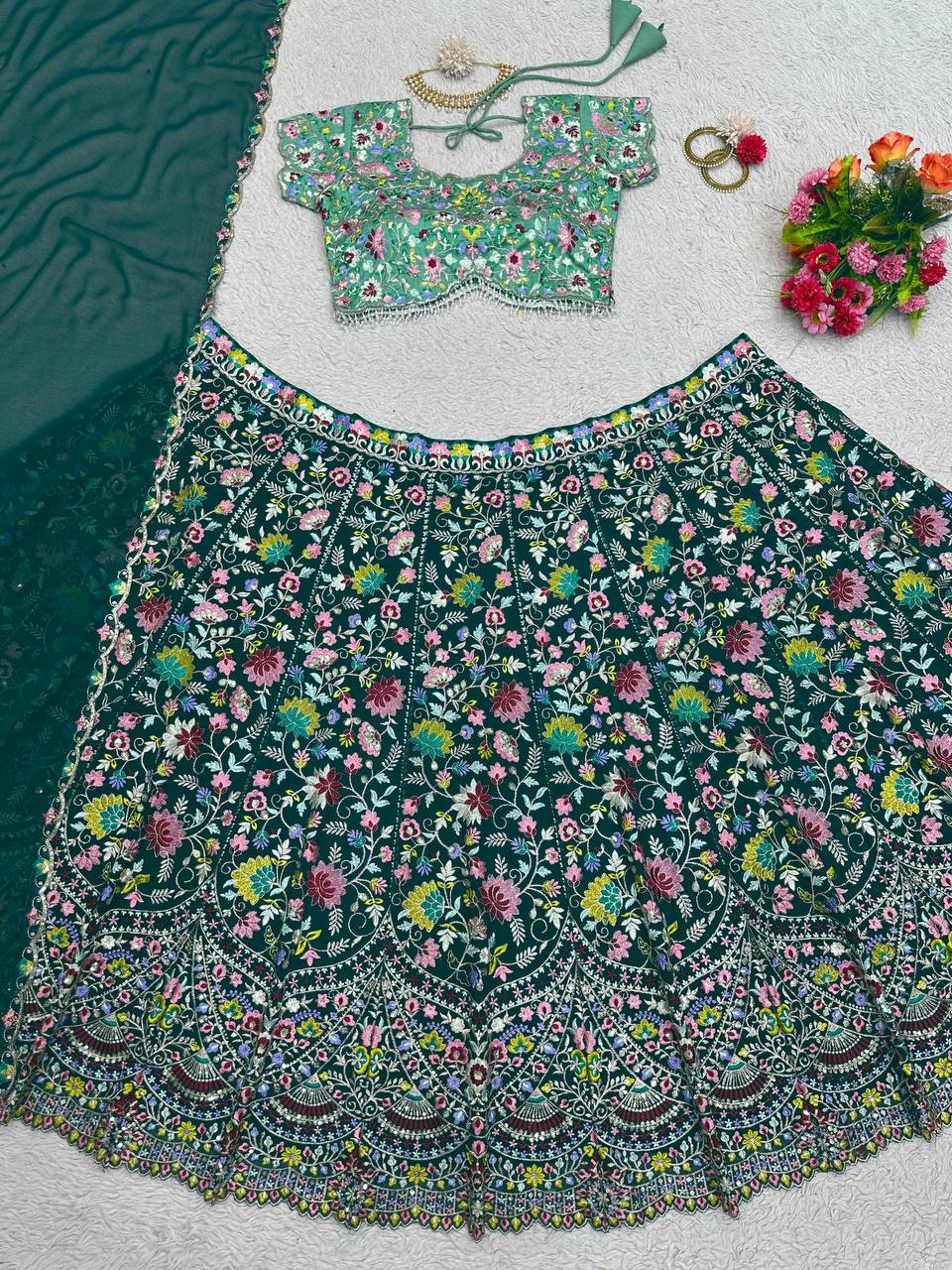 Designer Green Color Georgette Thread With Sequence Work Lehanga Cholii
