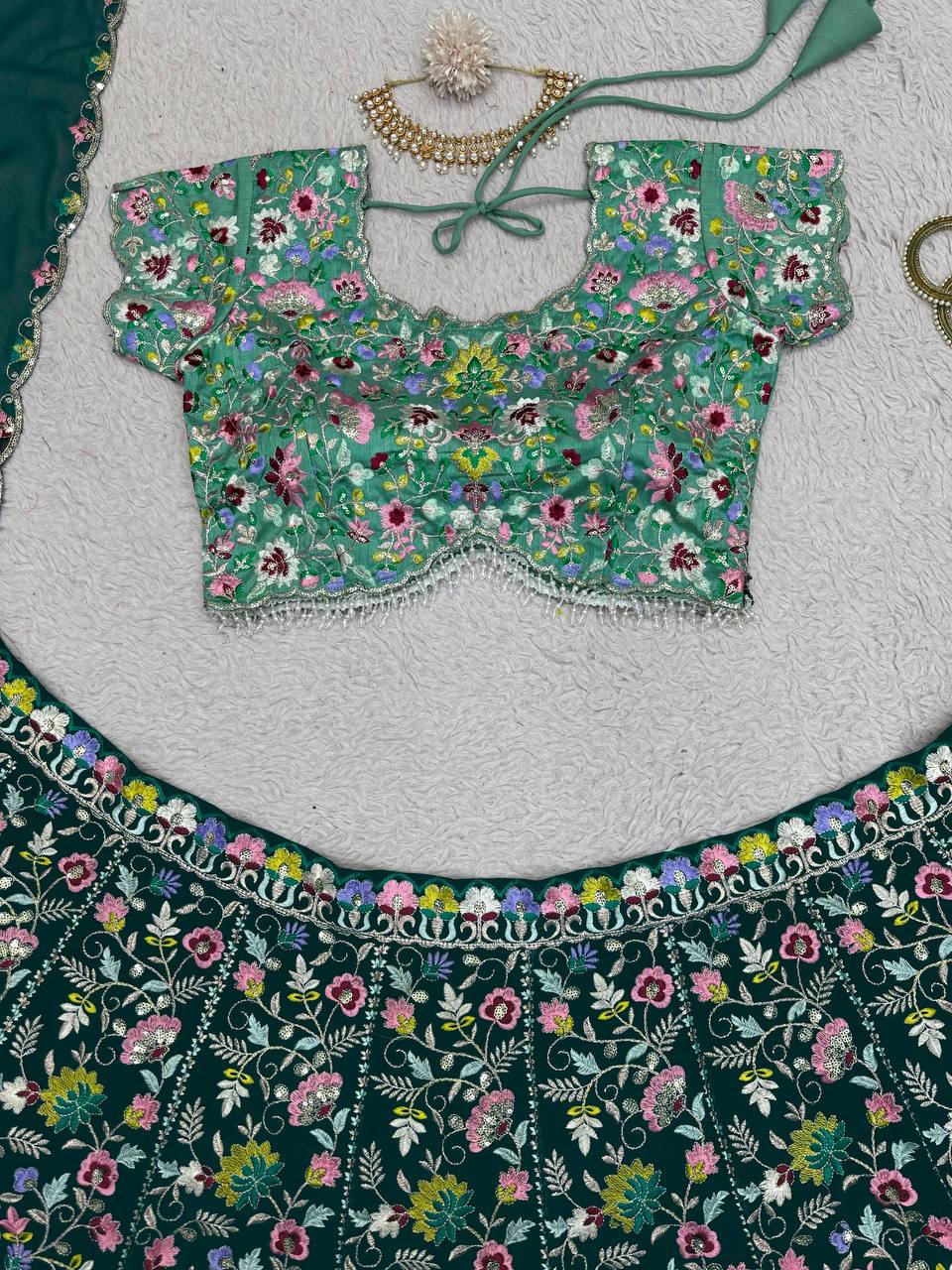Designer Green Color Georgette Thread With Sequence Work Lehanga Cholii