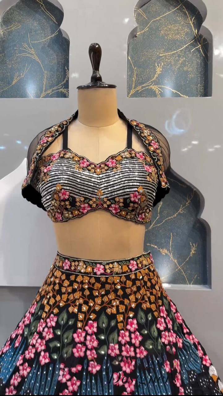 Amazing Black Color Georgette Fabric With Thread And Sequence Work Lehenga Choli With Dupatta