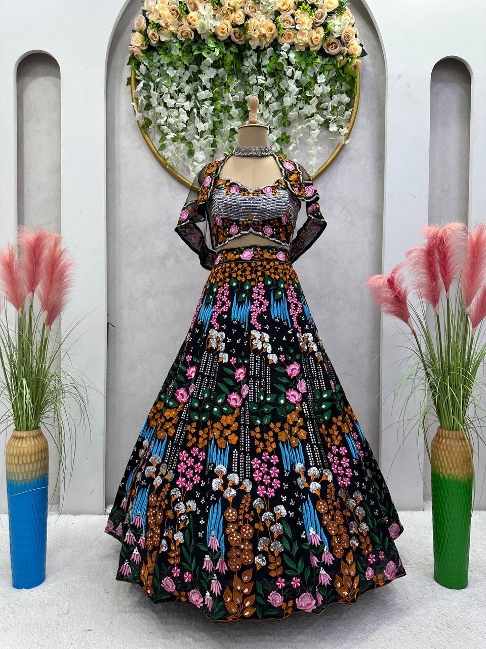 Amazing Black Color Georgette Fabric With Thread And Sequence Work Lehenga Choli With Dupatta