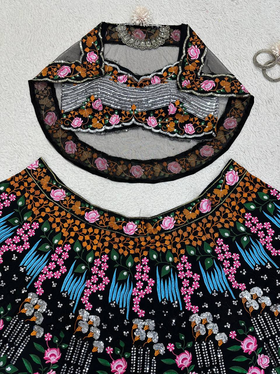 Amazing Black Color Georgette Fabric With Thread And Sequence Work Lehenga Choli With Dupatta