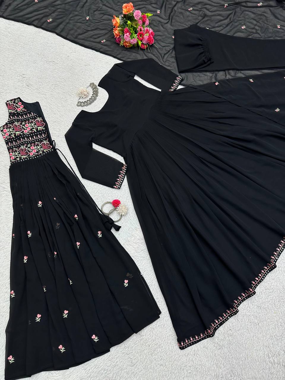 Glamorous Black Colour Full Stitch Georgette Gown With Embroidery Worked Shrug