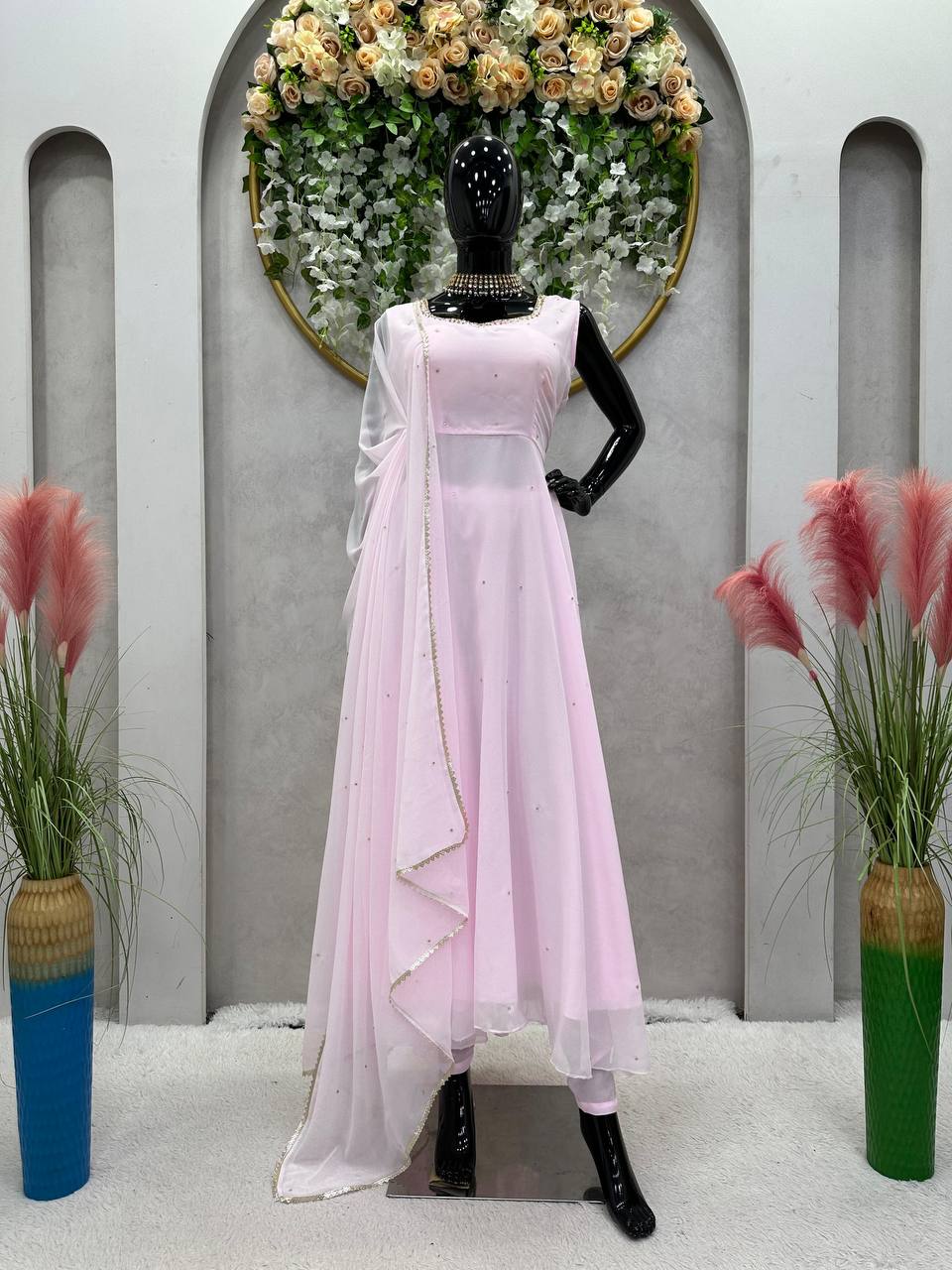 Gorgeous Handwork With Diamond Work Light Pink Colour Gown