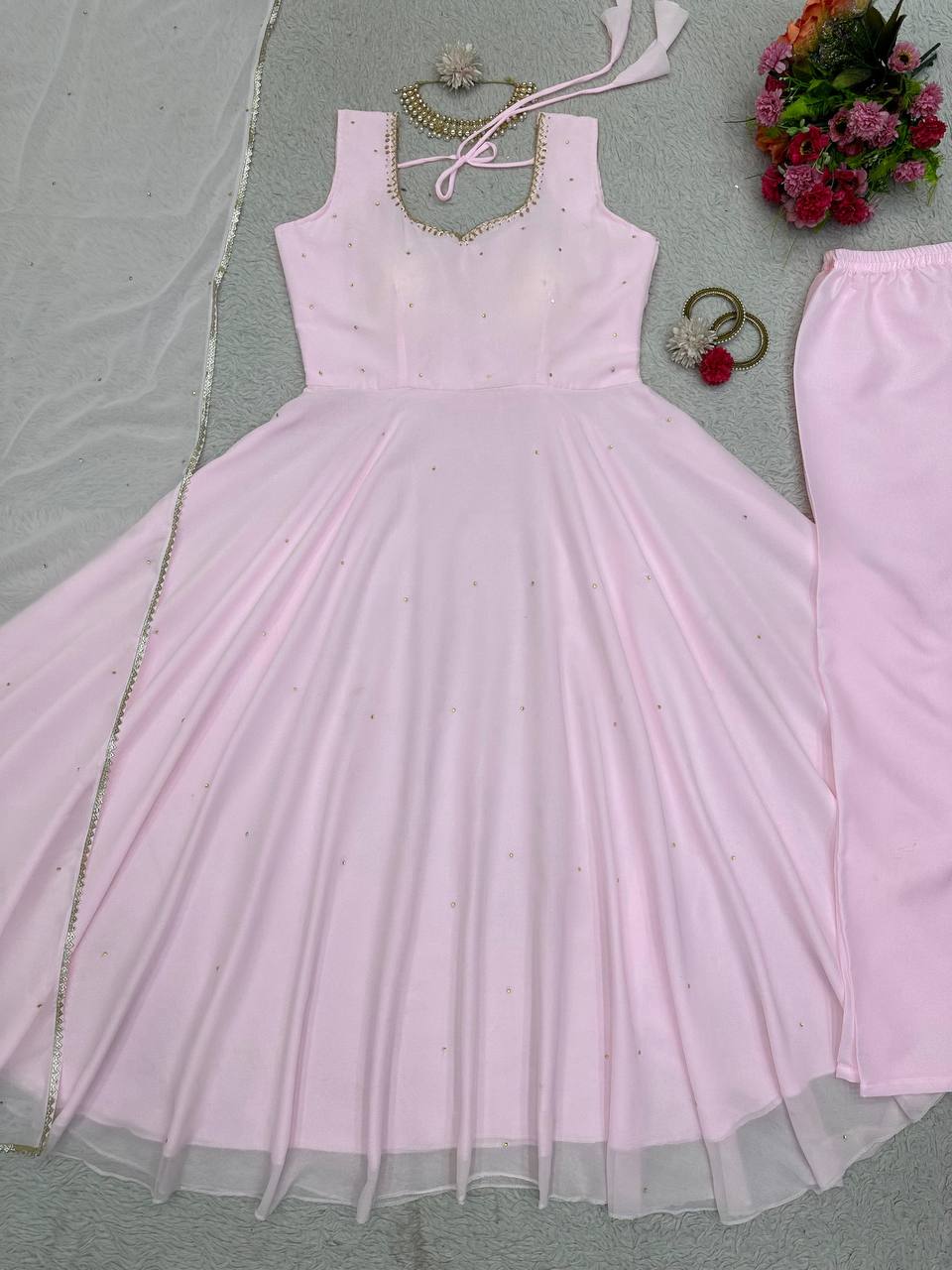 Gorgeous Handwork With Diamond Work Light Pink Colour Gown