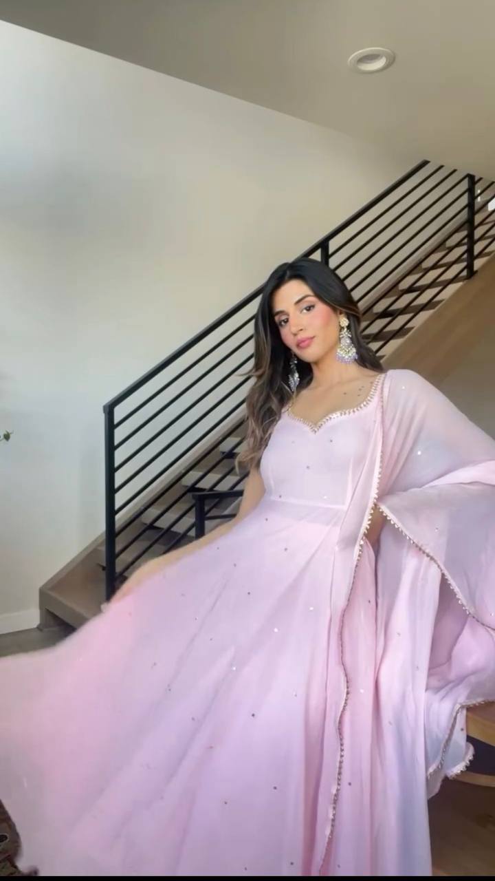 Gorgeous Handwork With Diamond Work Light Pink Colour Gown