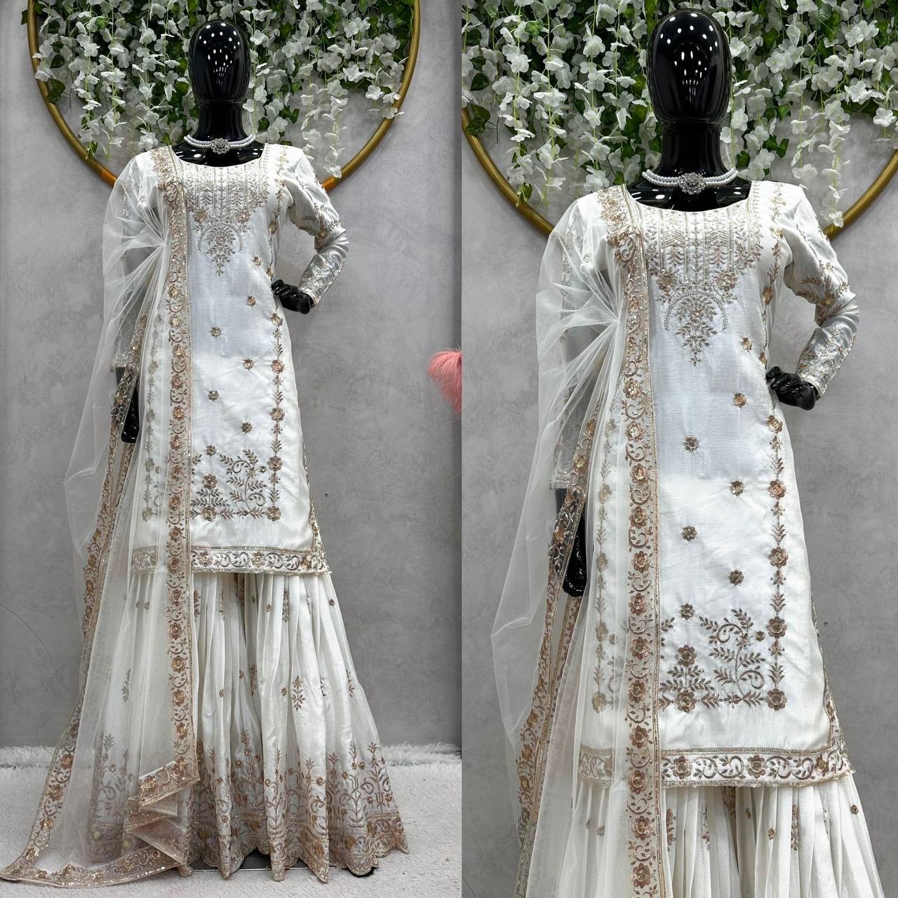 Attractive Chinon Silk White Color Sharara Suit