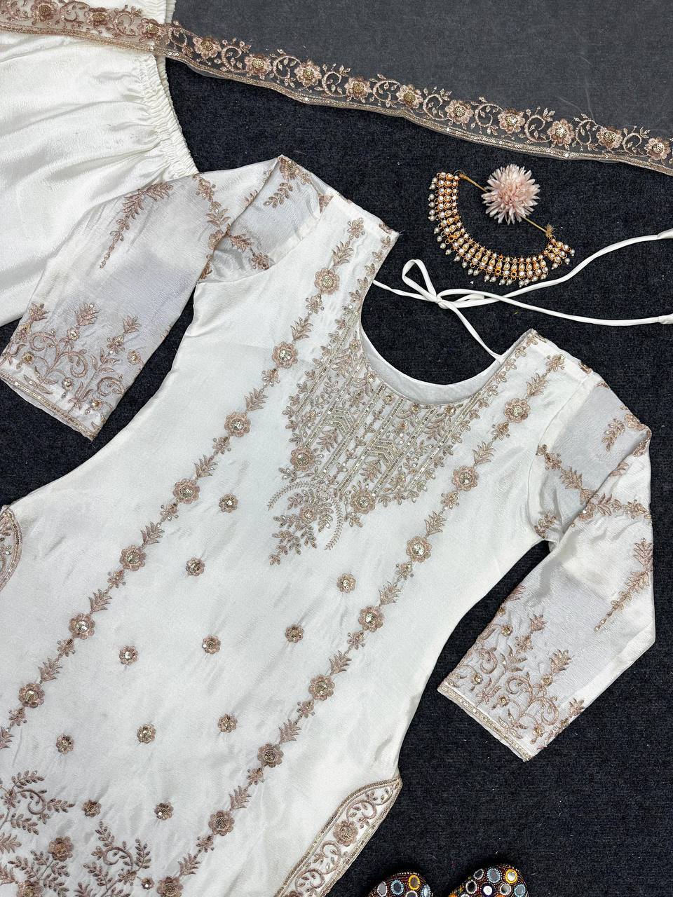 Attractive Chinon Silk White Color Sharara Suit