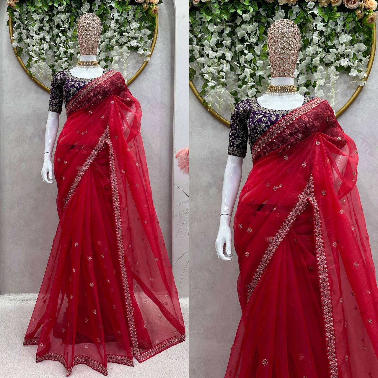 Fashionable Red Colour Heavy Organza Silk Fabric Thread And Sequence Work Saree
