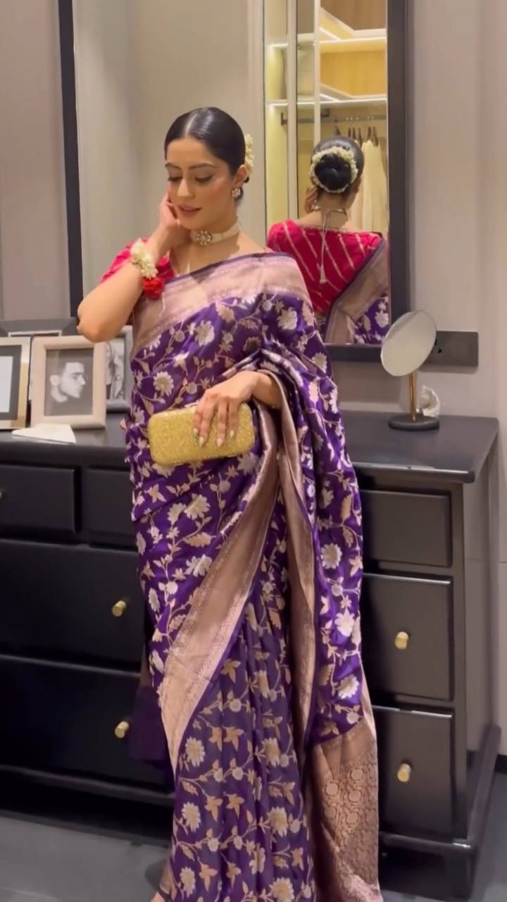Purple Colour Jacquard Weaving Lichi Silk Wedding Wear Saree With Beautiful Zalar