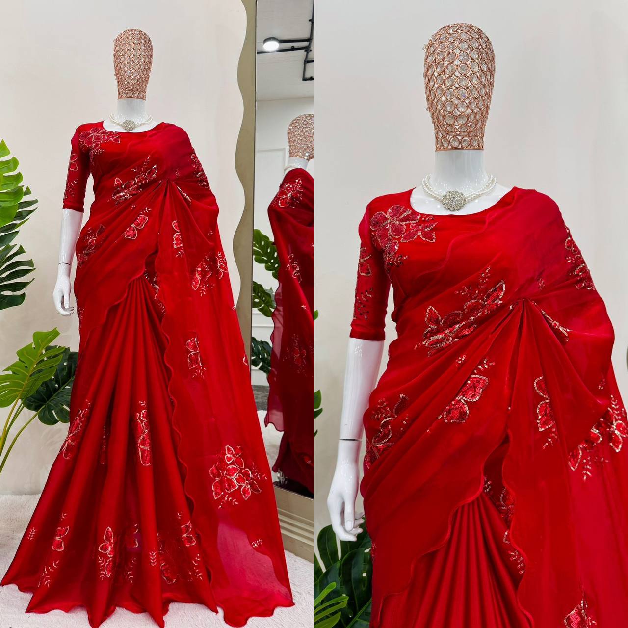 Red Colour Jimmy Chhu Silk Thread & Sequences Work Saree