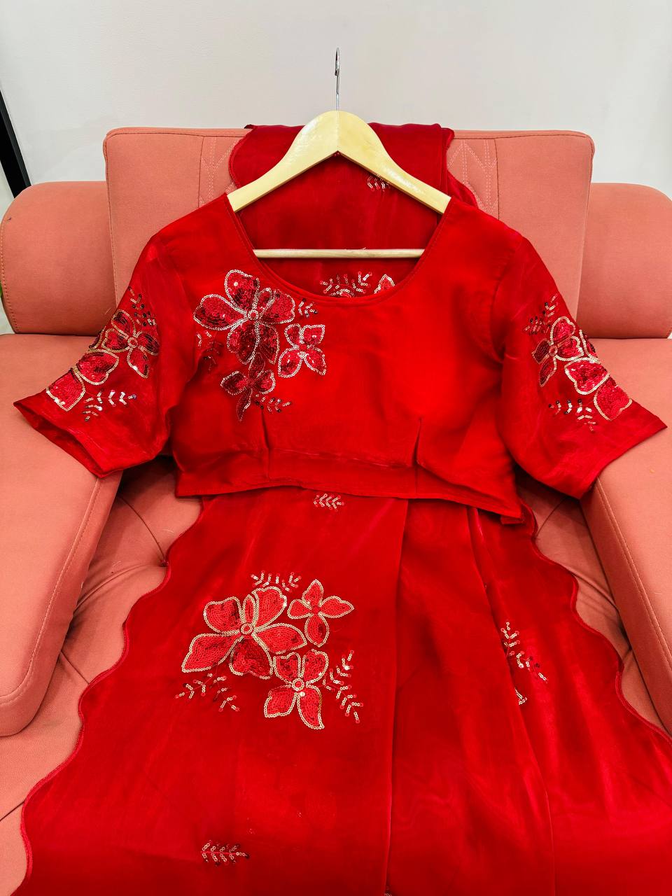 Red Colour Jimmy Chhu Silk Thread & Sequences Work Saree
