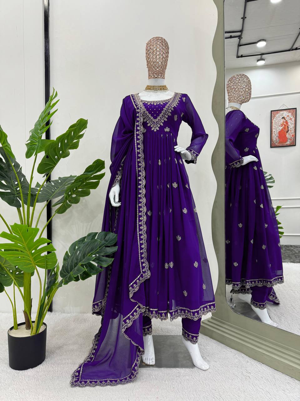 Designer Blue Colour Georgette Fabric Thread Work Salwar Suit With Dupatta