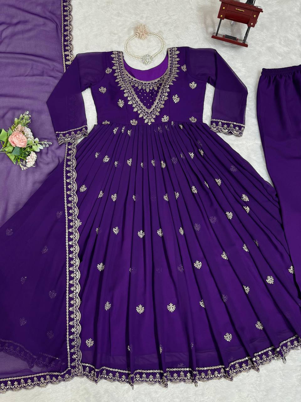 Designer Blue Colour Georgette Fabric Thread Work Salwar Suit With Dupatta