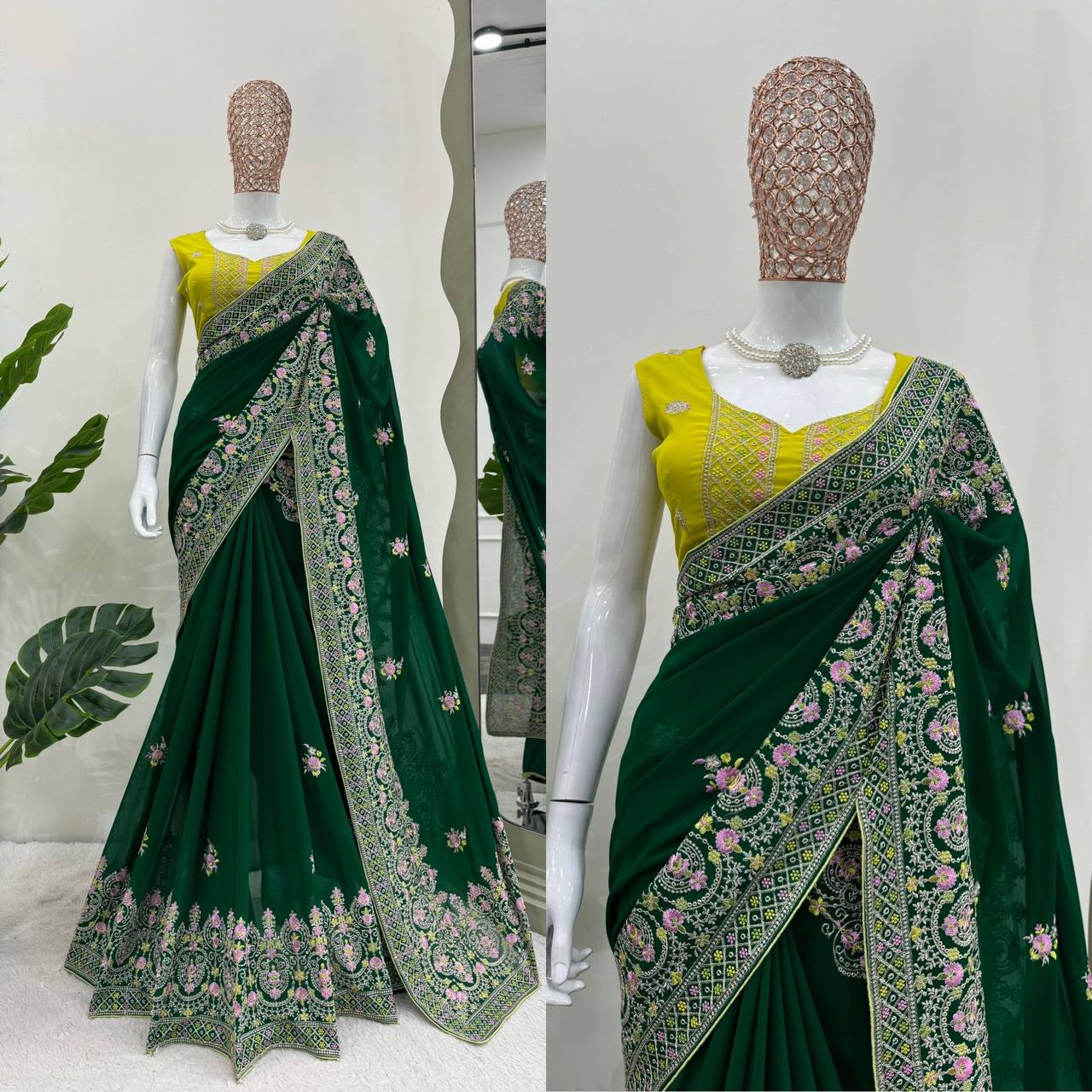 Attractive Green Colour Georgette Fabric Thread Work With Paiping Saree