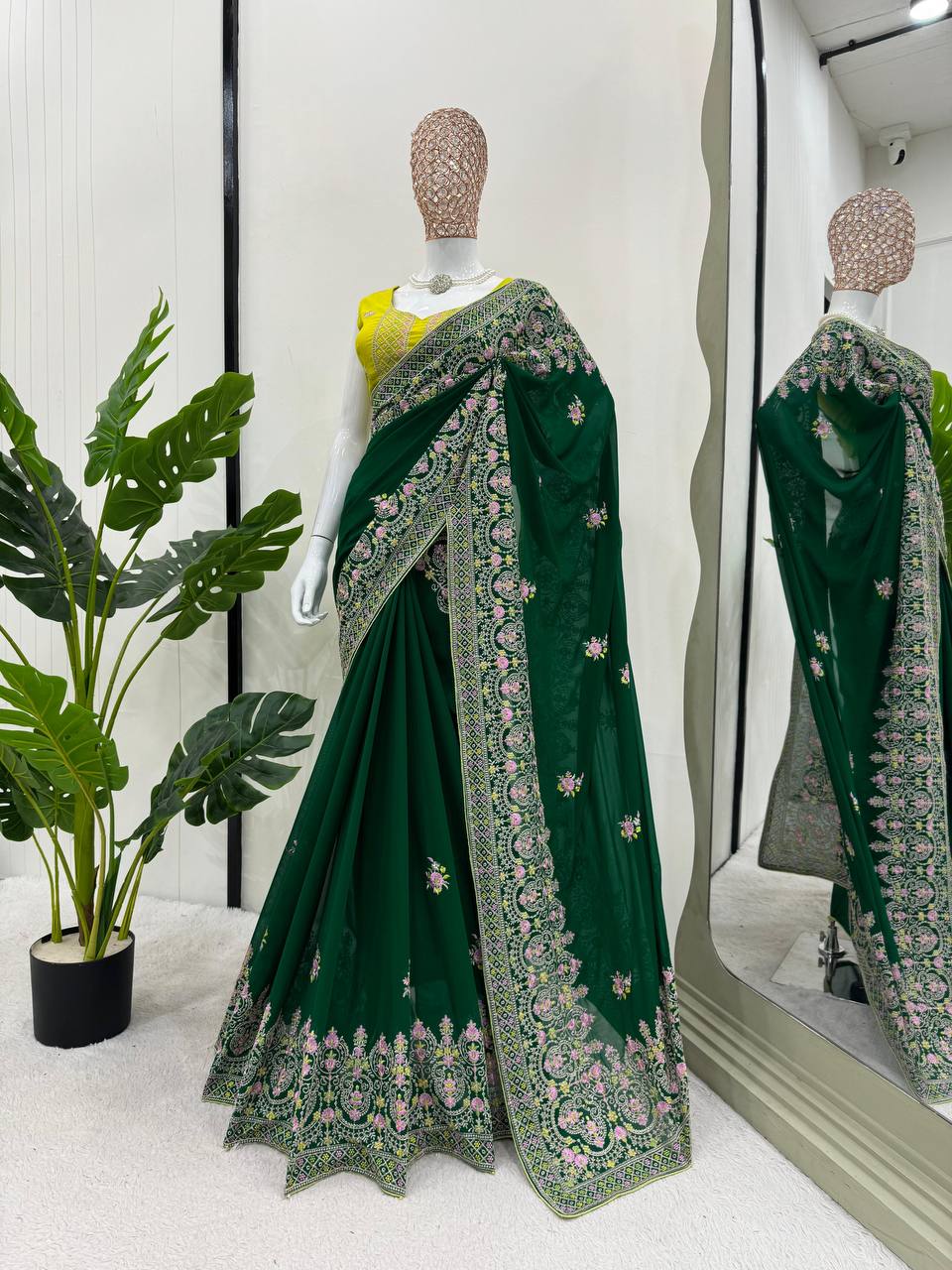 Attractive Green Colour Georgette Fabric Thread Work With Paiping Saree