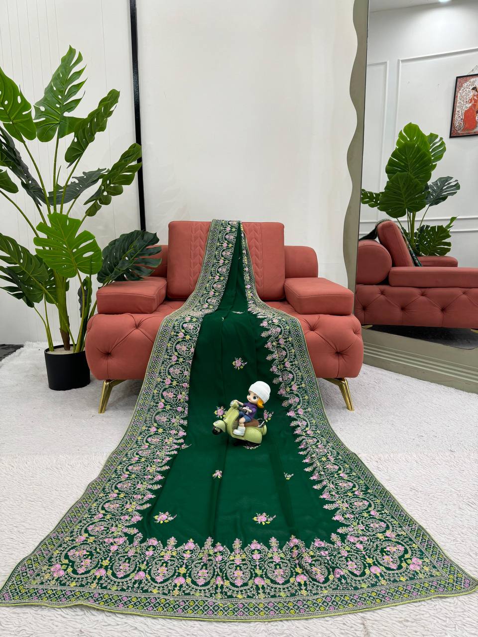 Attractive Green Colour Georgette Fabric Thread Work With Paiping Saree