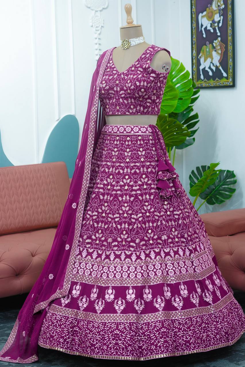 Wedding Wear Georgette Fabric Thread Work Lehenga Choli With Dupatta