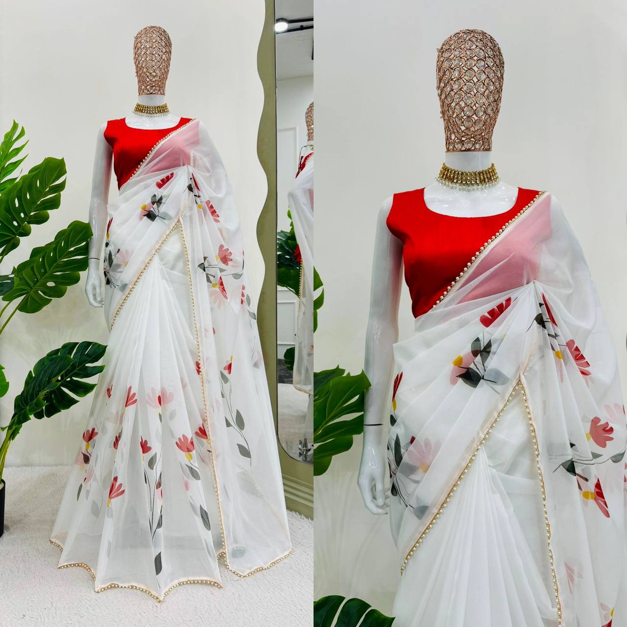 Designer White Colour Tabby Silk Fabric Digital Print With Fancy Lace Saree