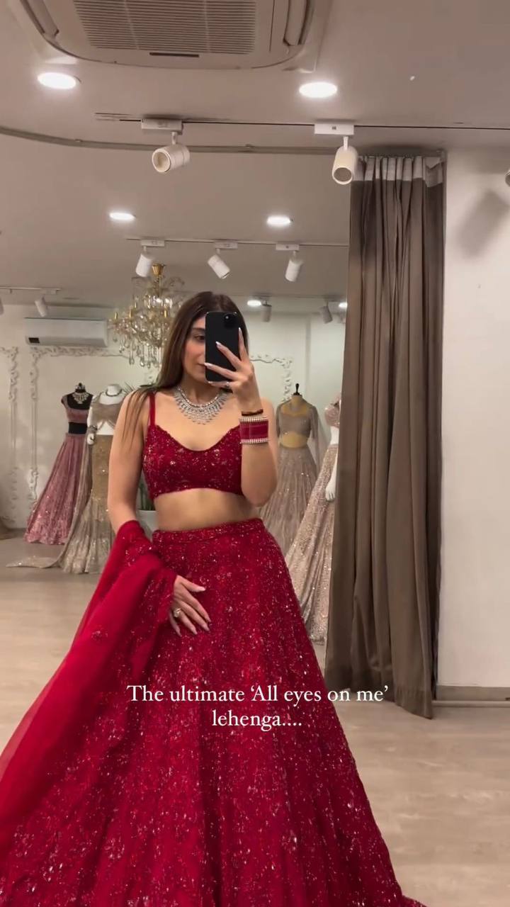 Party Wear Red Colour Chinon Silk Fabric Sequence Work Lehenga Choli