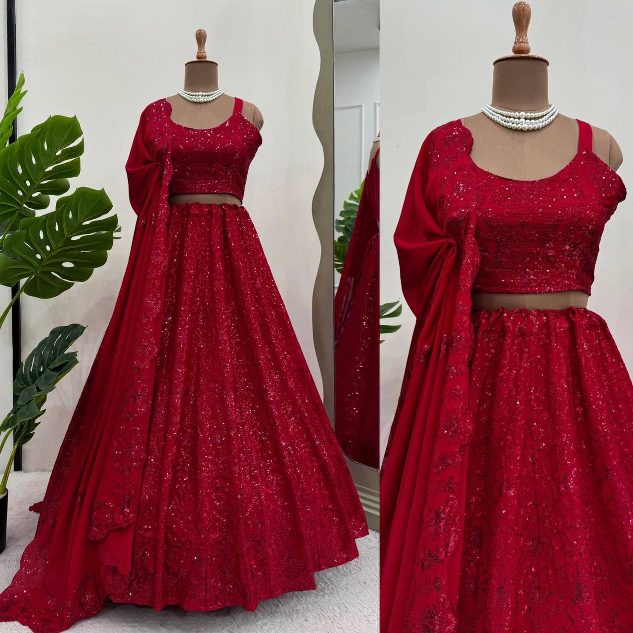 Party Wear Red Colour Chinon Silk Fabric Sequence Work Lehenga Choli
