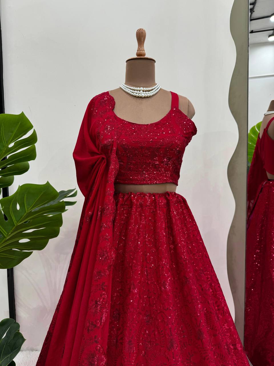 Party Wear Red Colour Chinon Silk Fabric Sequence Work Lehenga Choli
