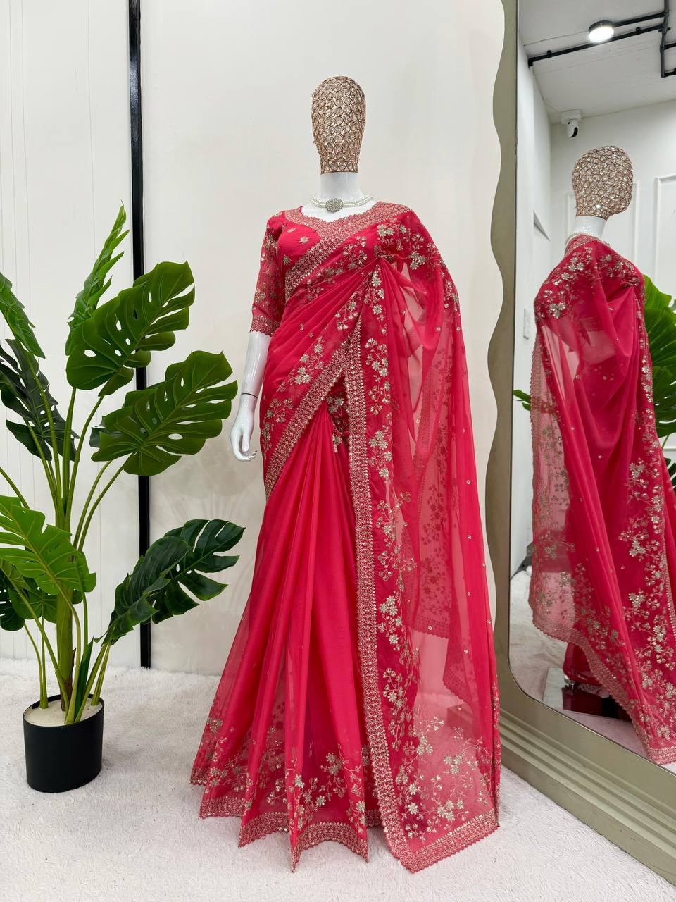 Designer Gajari Colour Tabby Silk Fabric Thread Work Saree