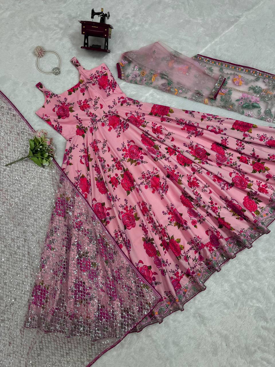 Gourgeous Pink Colour American Silk Fabric Gown With Shrug Wedding Wear