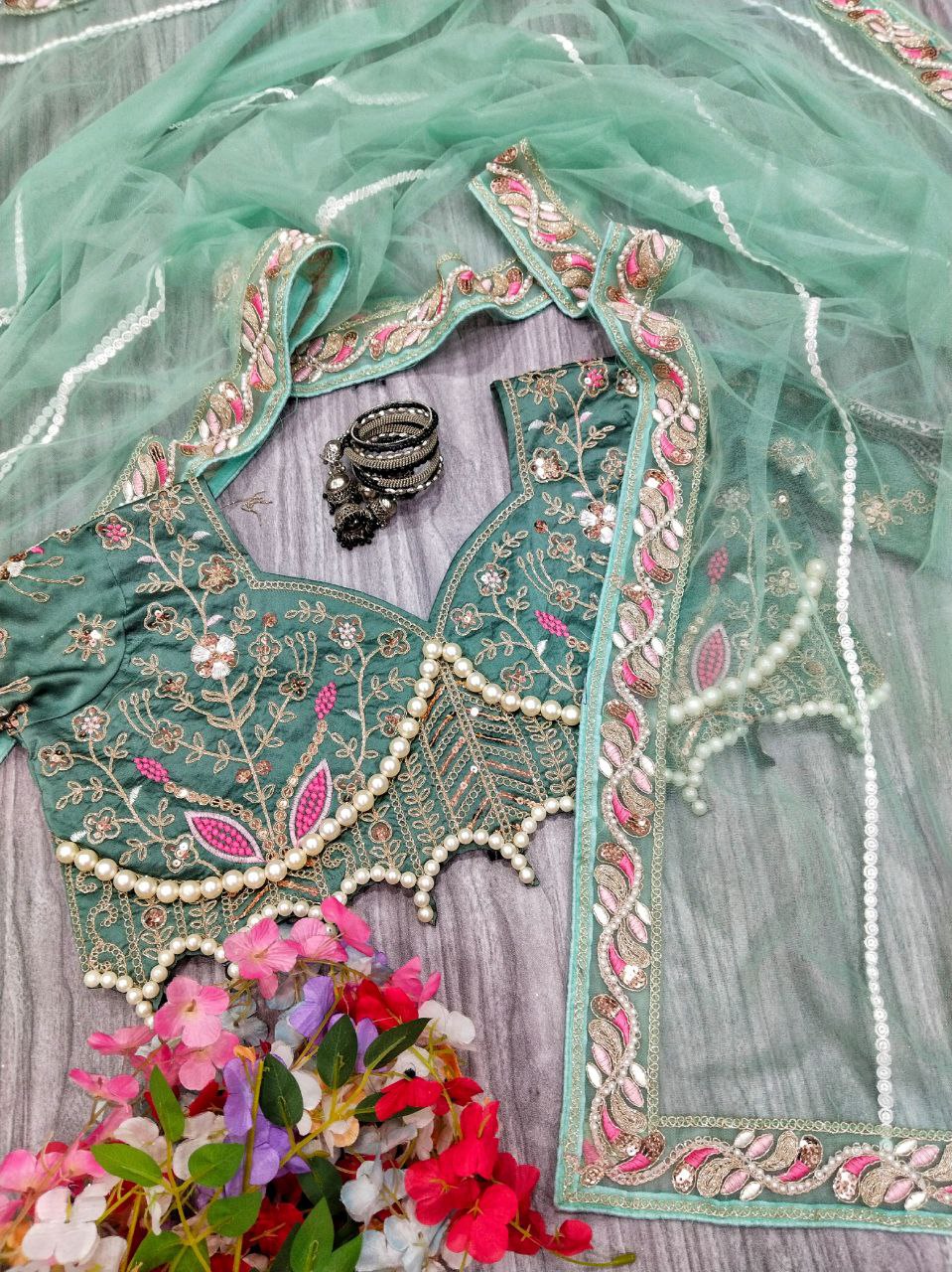 Sky Color Soft Net Saree With Heavy Pearl HandWork Blouse