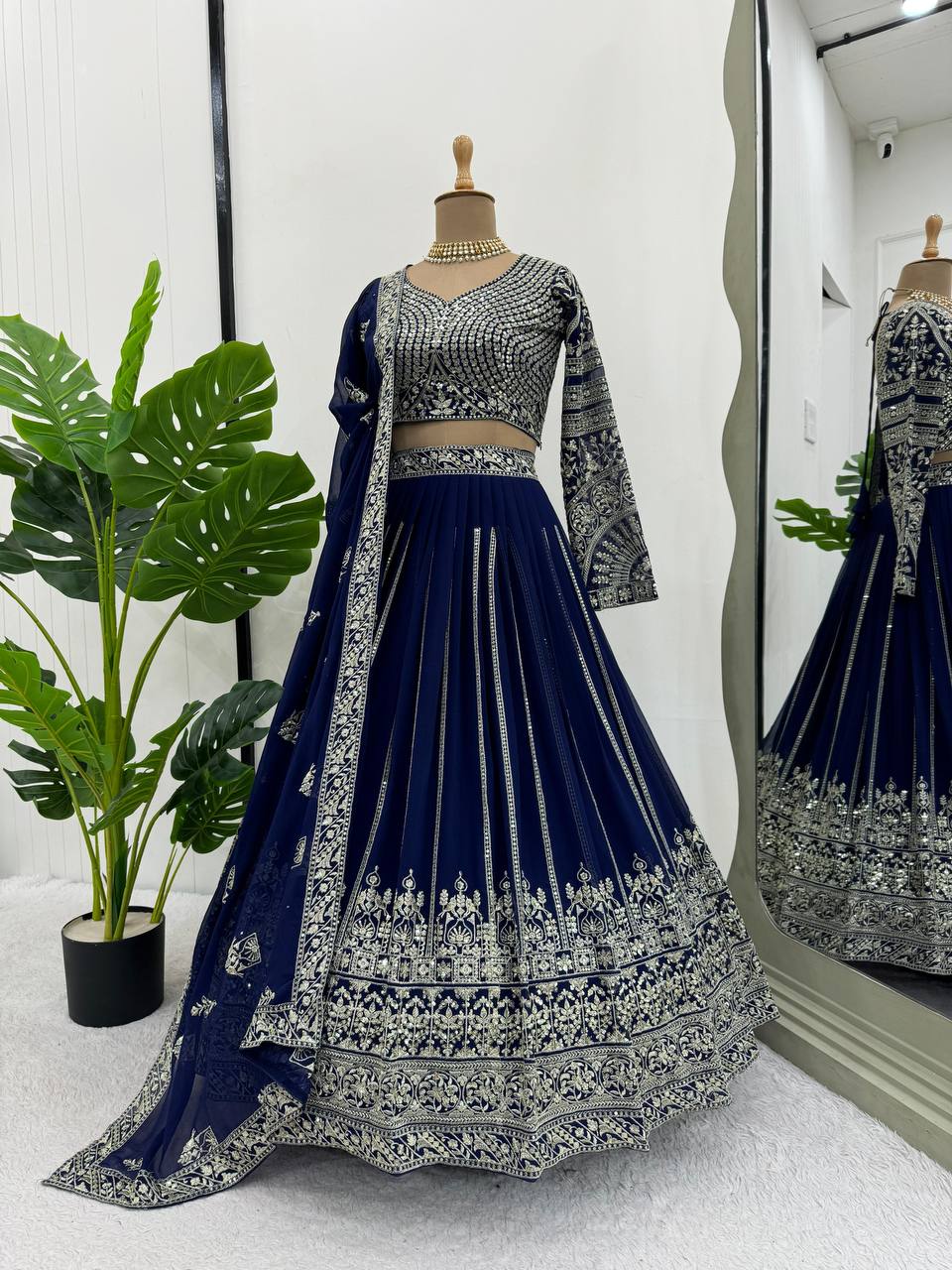 Wedding Wear Blue Colour Georgette Fabric Thread Work Lehenga Choli With Dupatta