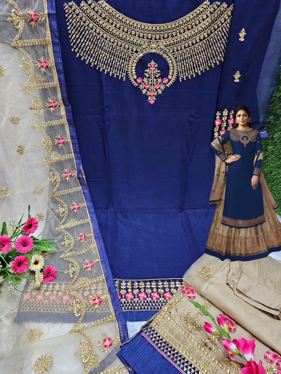 Wedding Wear Georgette Fabric Embroidery Ston Work Plazo Suit with Dupatta
