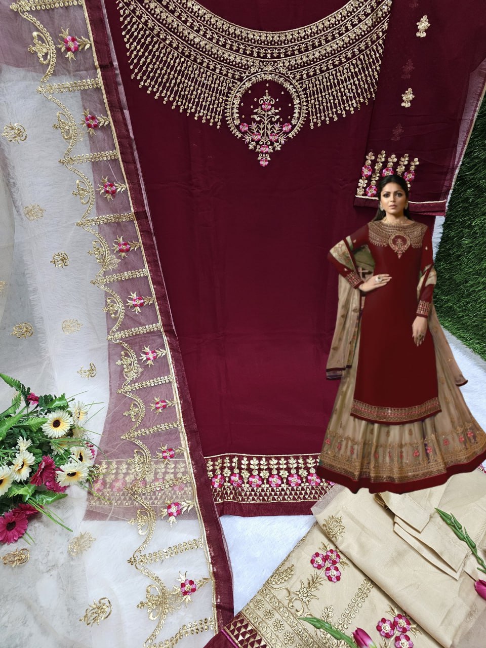 Wedding Wear Georgette Fabric Embroidery Ston Work Plazo Suit with Dupatta