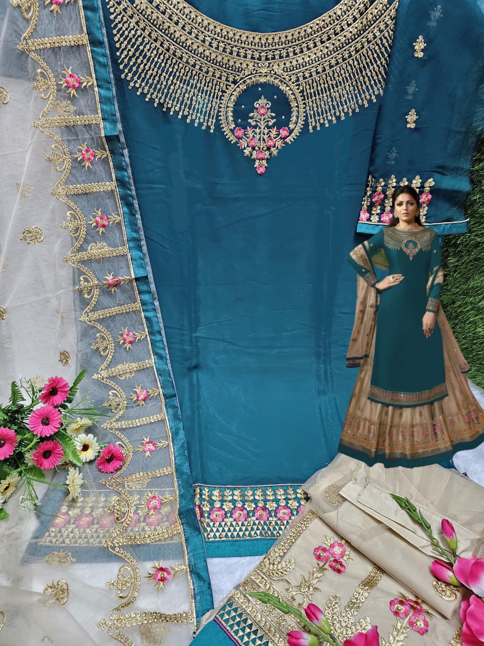 Wedding Wear Georgette Fabric Embroidery Ston Work Plazo Suit with Dupatta