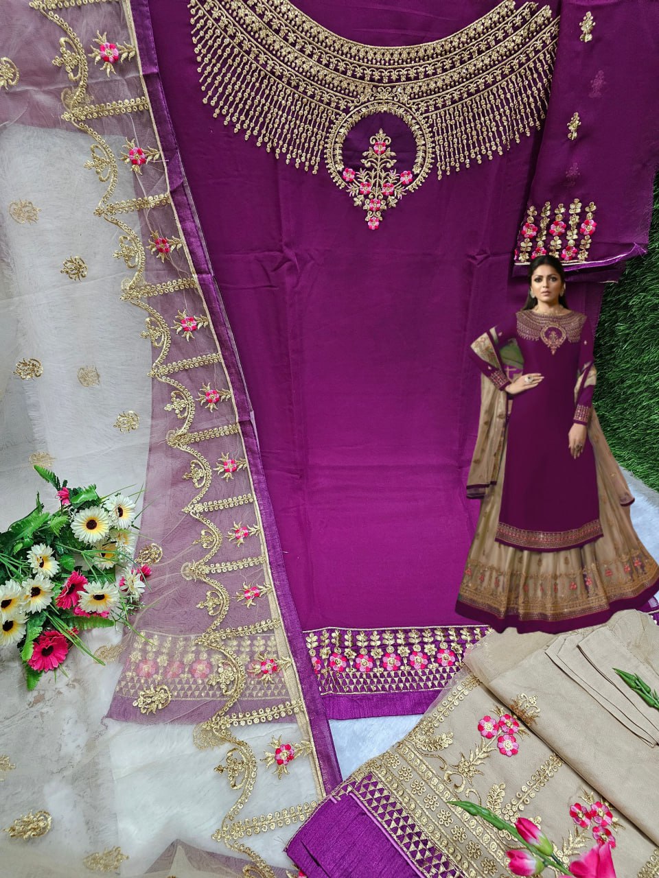 Wedding Wear Georgette Fabric Embroidery Ston Work Plazo Suit with Dupatta