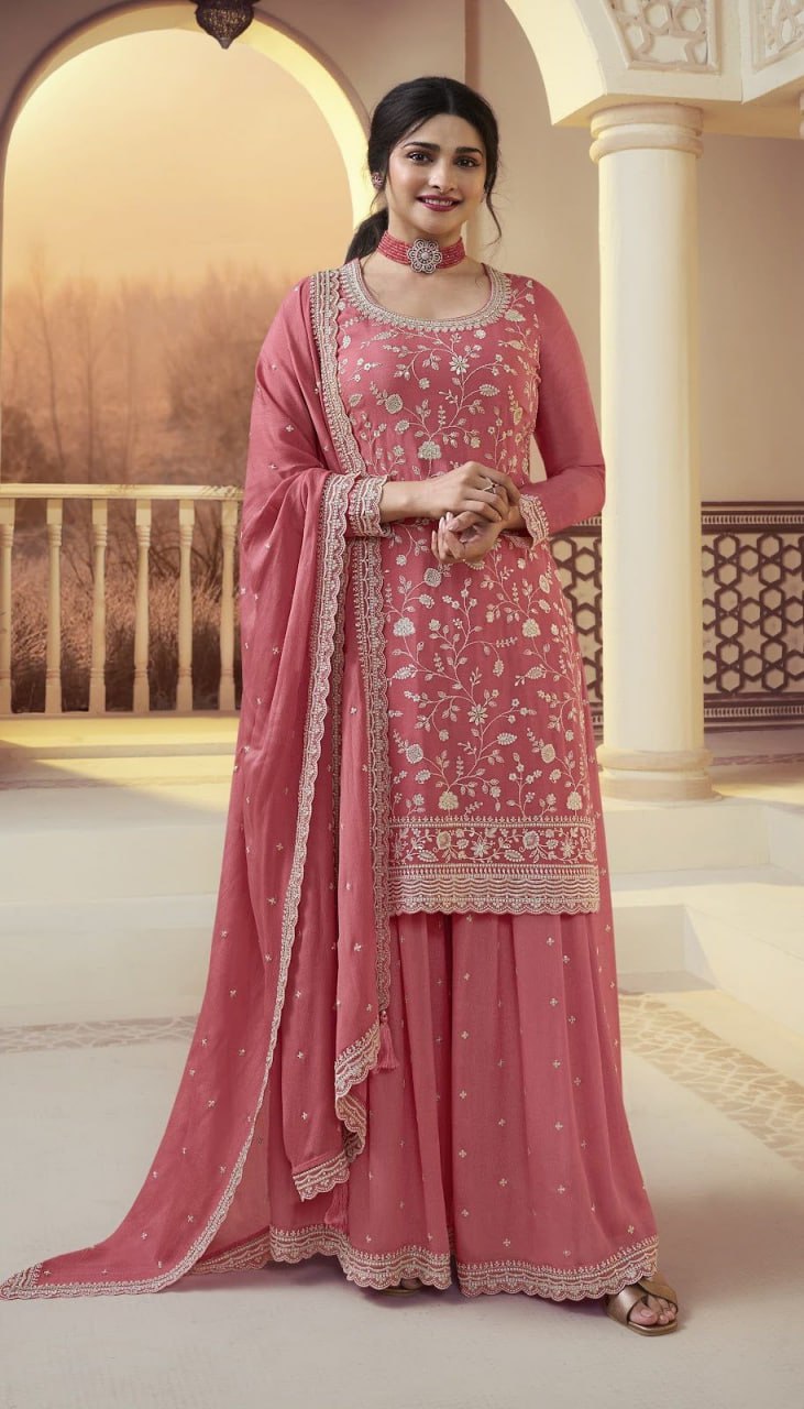 Fabulous Heavy Vichitra Blooming Fabric Embroidery Work Sharara Suit With Dupatta