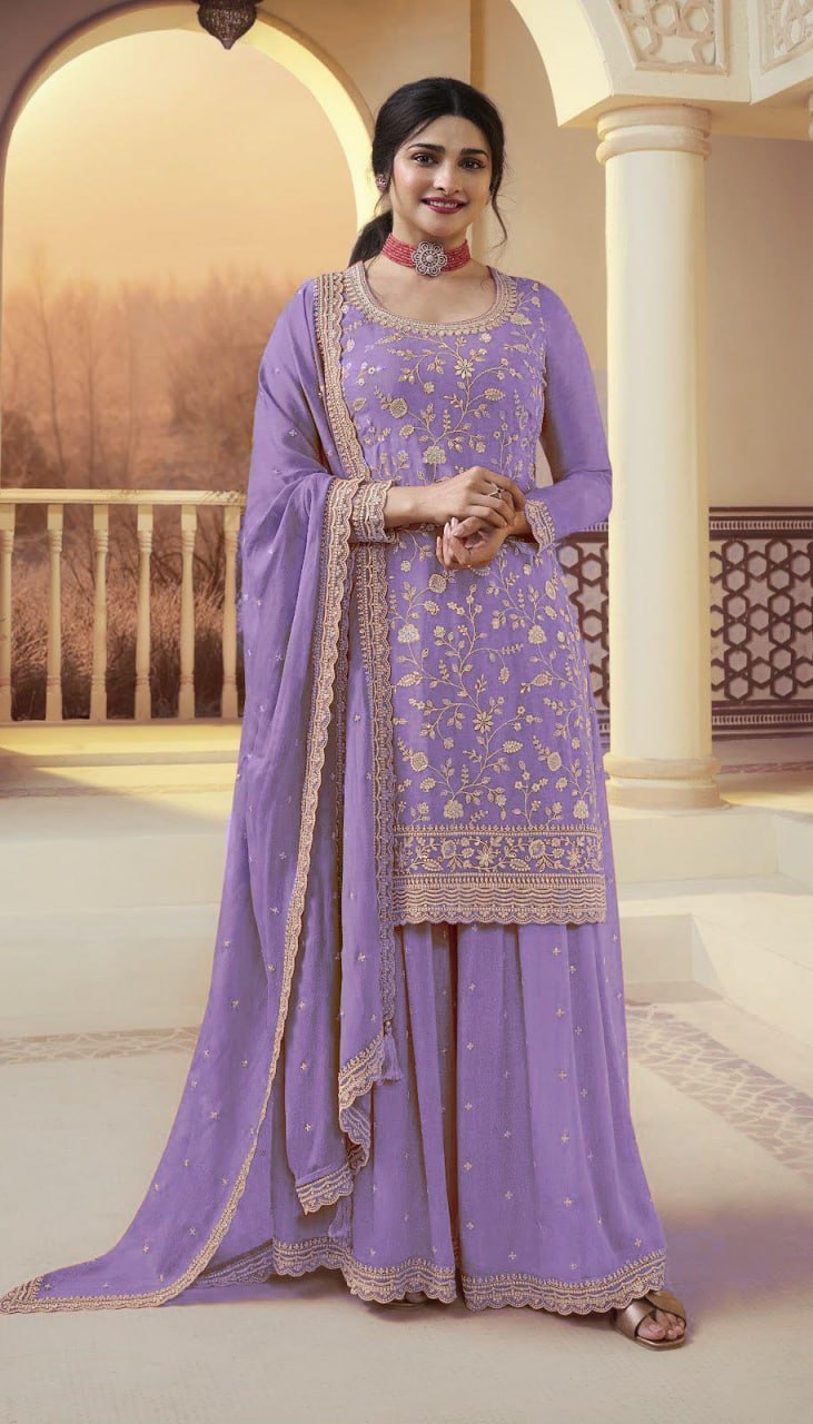 Fabulous Heavy Vichitra Blooming Fabric Embroidery Work Sharara Suit With Dupatta