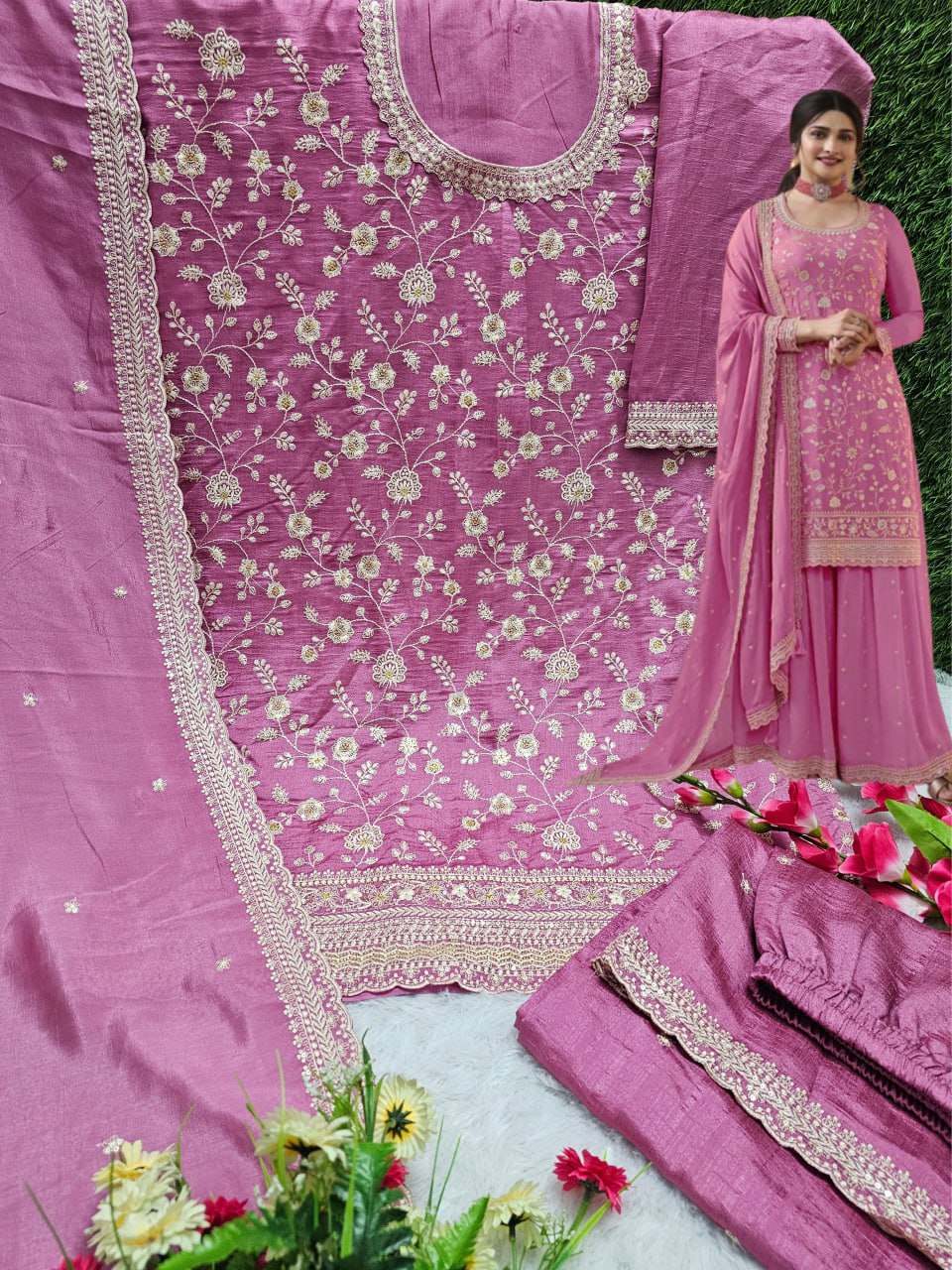 Fabulous Heavy Vichitra Blooming Fabric Embroidery Work Sharara Suit With Dupatta