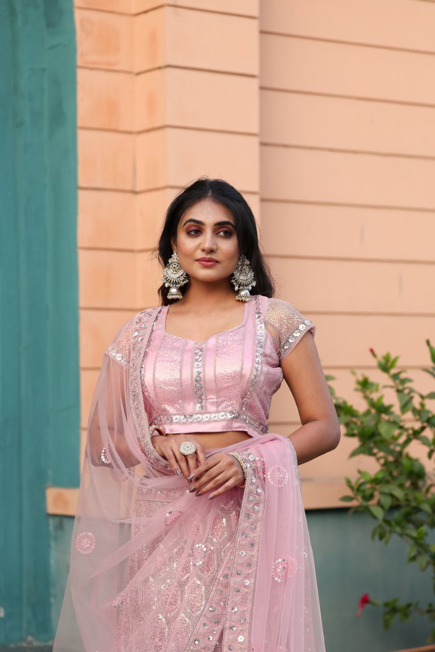 Pink Soft Net Embellished Glitter Dori Lehenga Choli With Dupatta