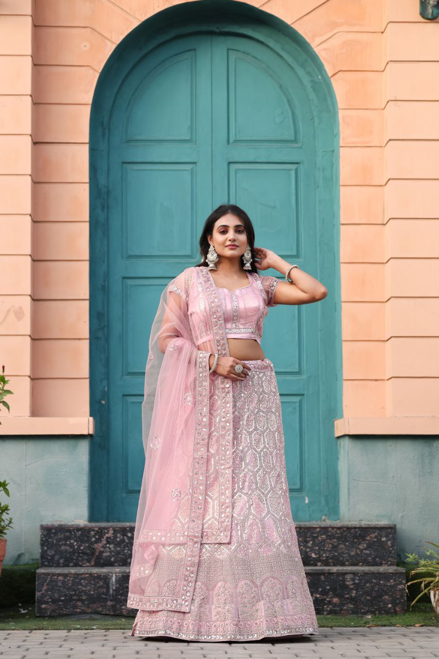 Pink Soft Net Embellished Glitter Dori Lehenga Choli With Dupatta