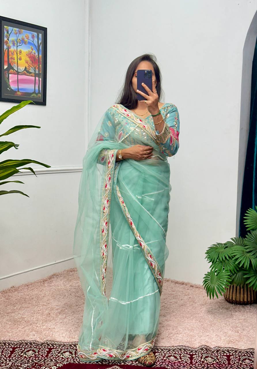 Sky Color Soft Net Saree With Heavy Pearl HandWork Blouse