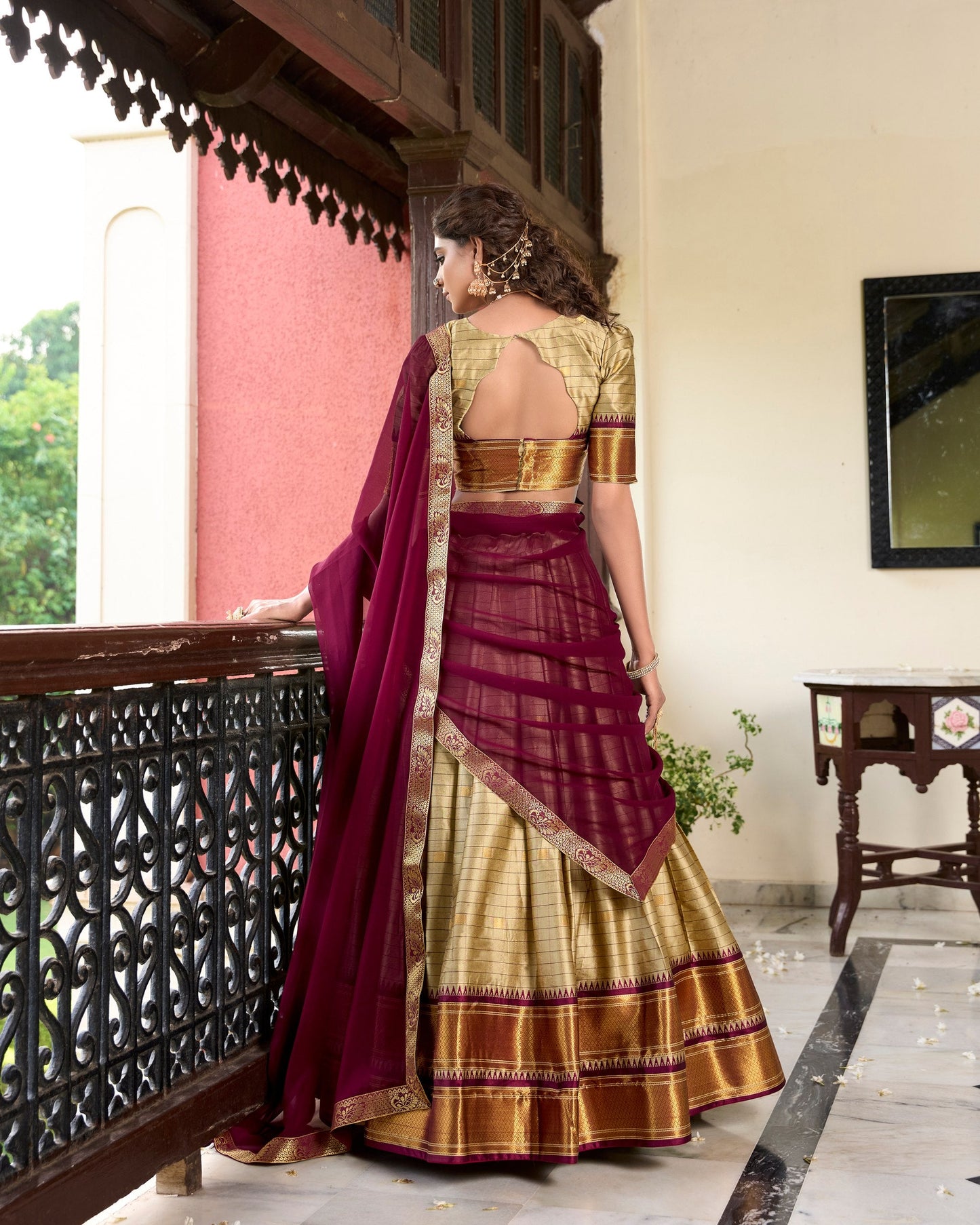 Cream Maroon Cotton Silk Lehenga Choli