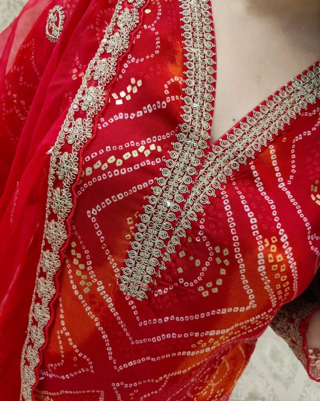 Beautiful Red Bandhni Printed Salwar Suit With Fancy Duppata