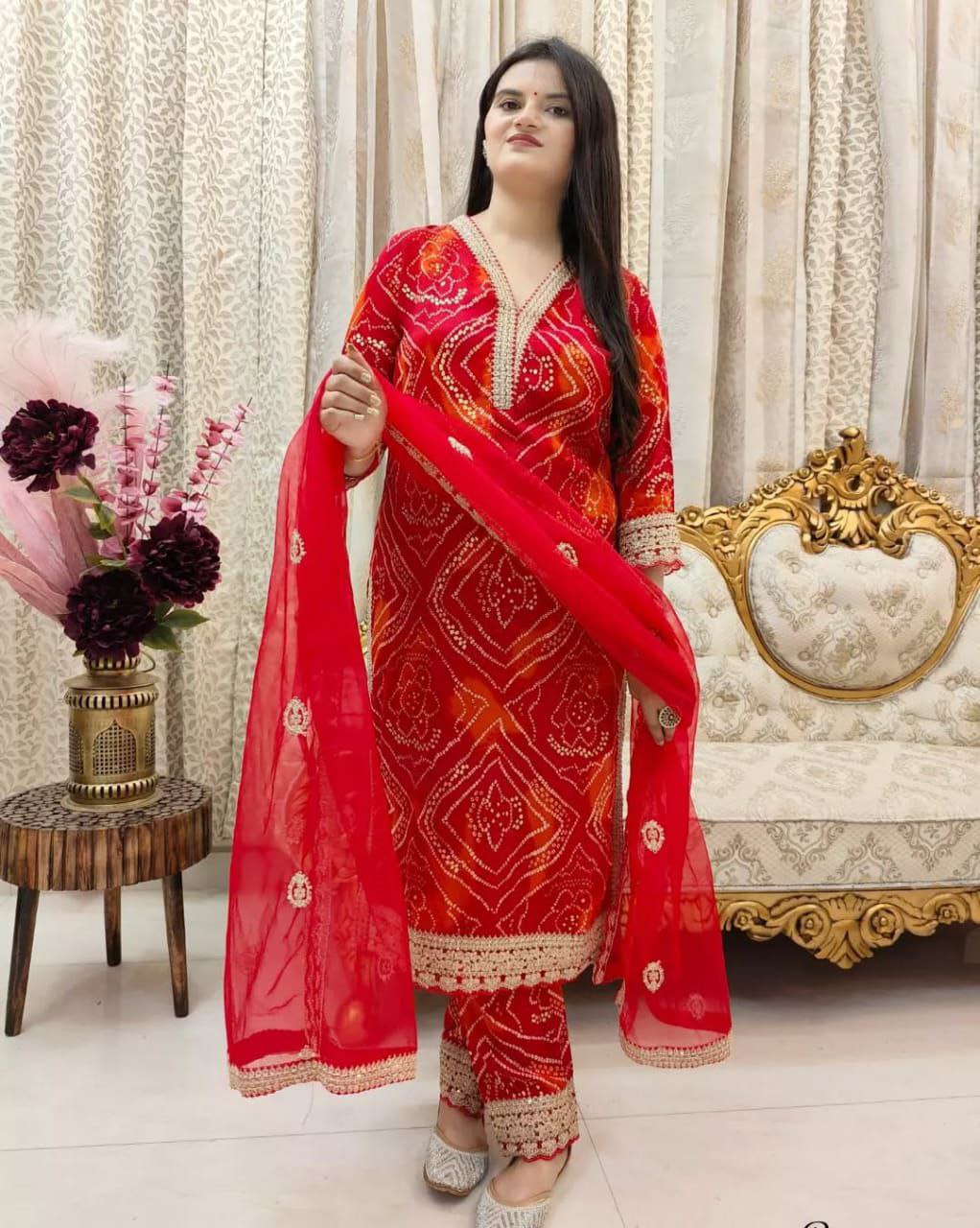 Beautiful Red Bandhni Printed Salwar Suit With Fancy Duppata