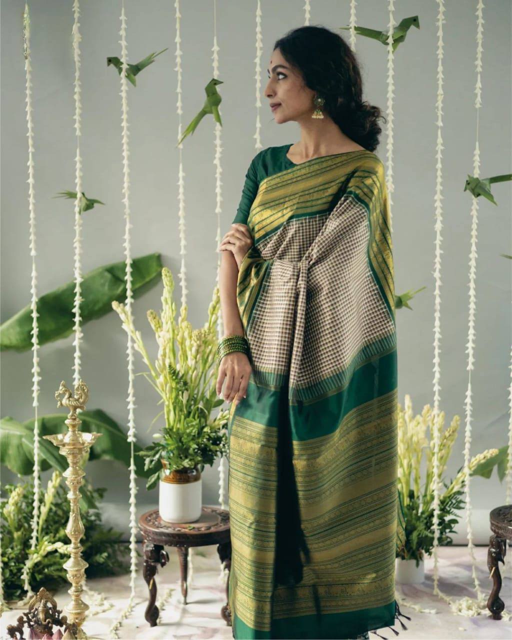 Green Checks Designer Soft Lichi Silk Saree